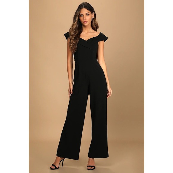 Lulus Pants - NWT LULUS XL Black Love Me Tomorrow Wide Leg Off The Shoulder Jumpsuit Stretch